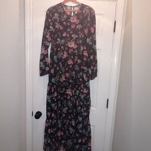 Gab Kate Mixology Maxi Dress Womens Multicolor L Long Sleeve Zip Floral Lined